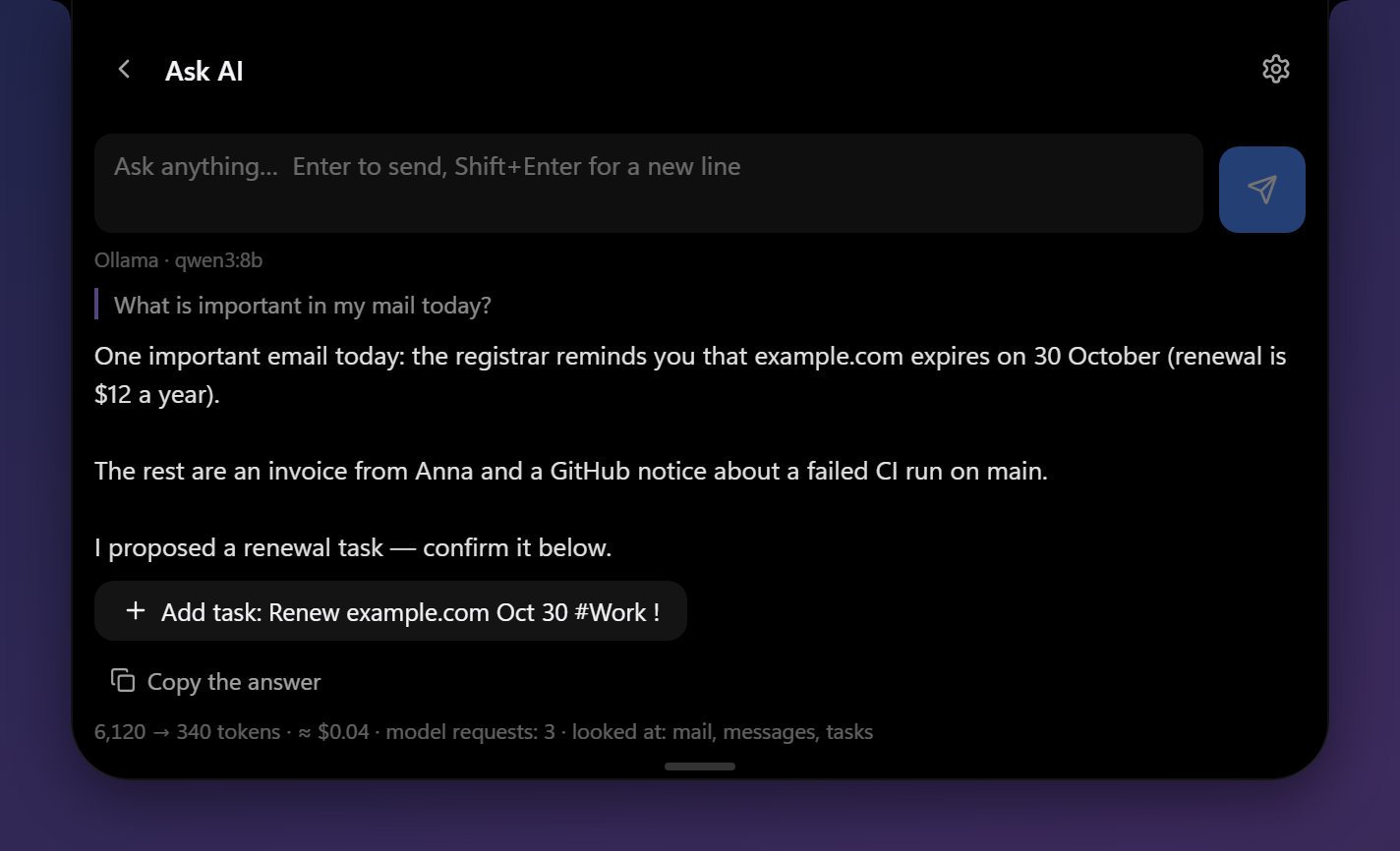 The AI assistant answering with details from mail and a proposed task