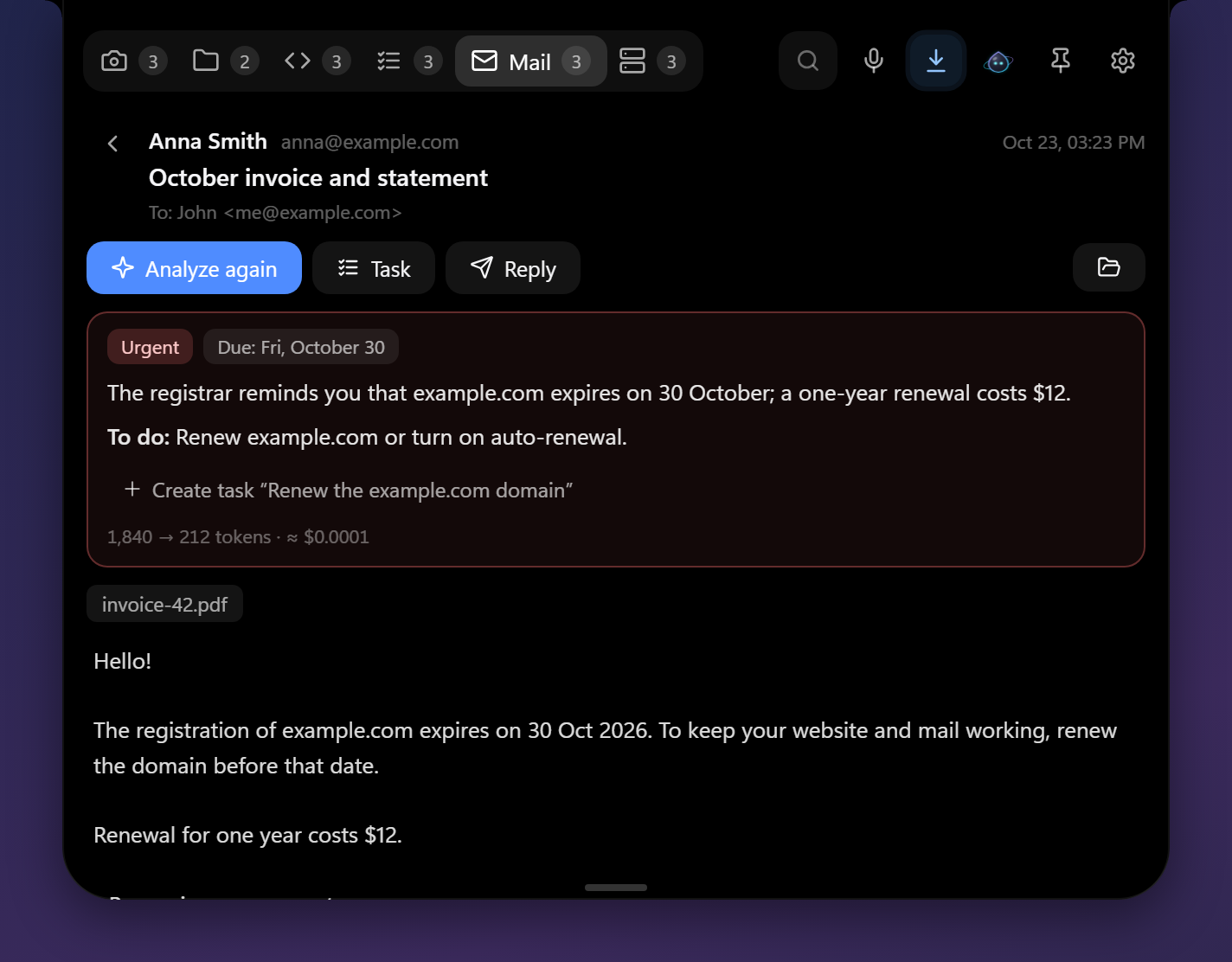 An email analyzed by AI: deadline, what to do, create a task