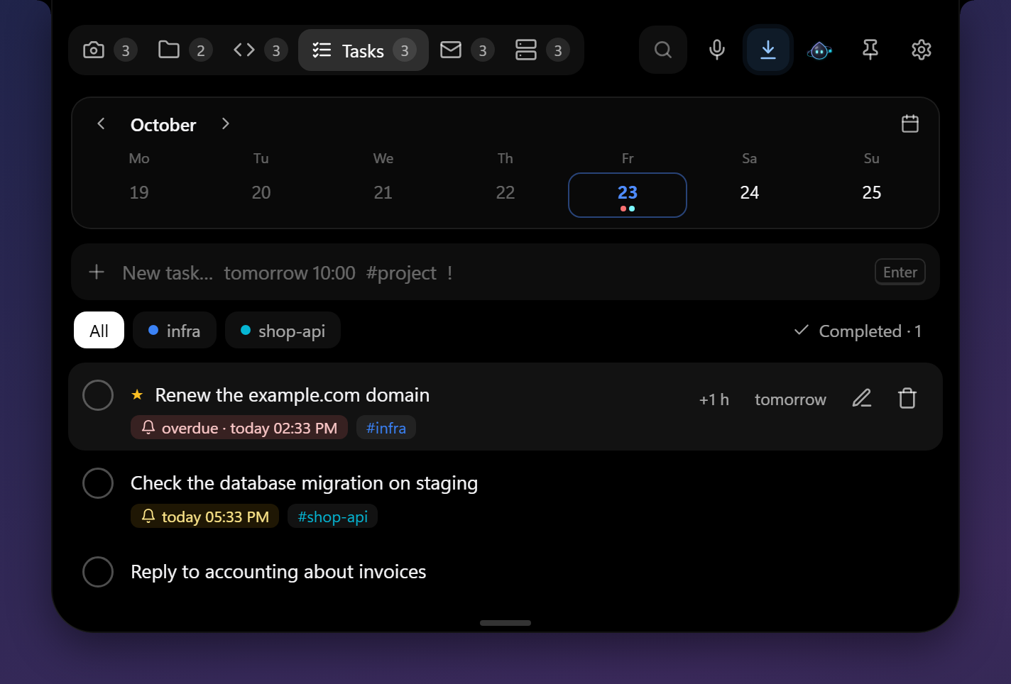The island with tasks and a week calendar